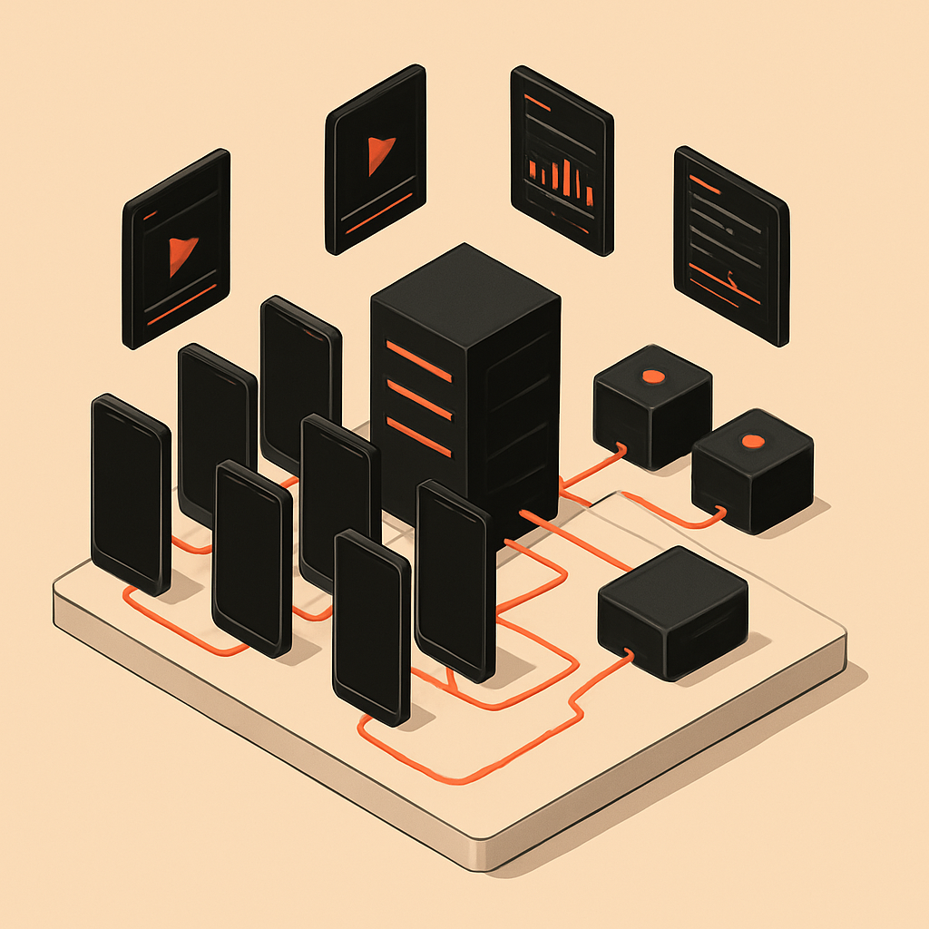 Isometric content-farm diagram: an array of smartphones with short-form vertical video connected to a processing server